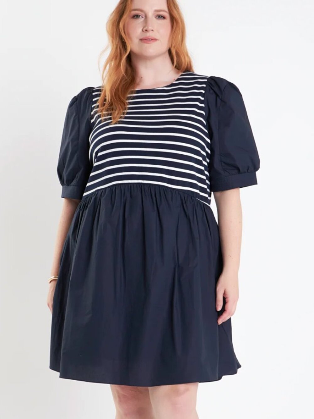 English Factory High Low Knit Combo Dress Navy and White